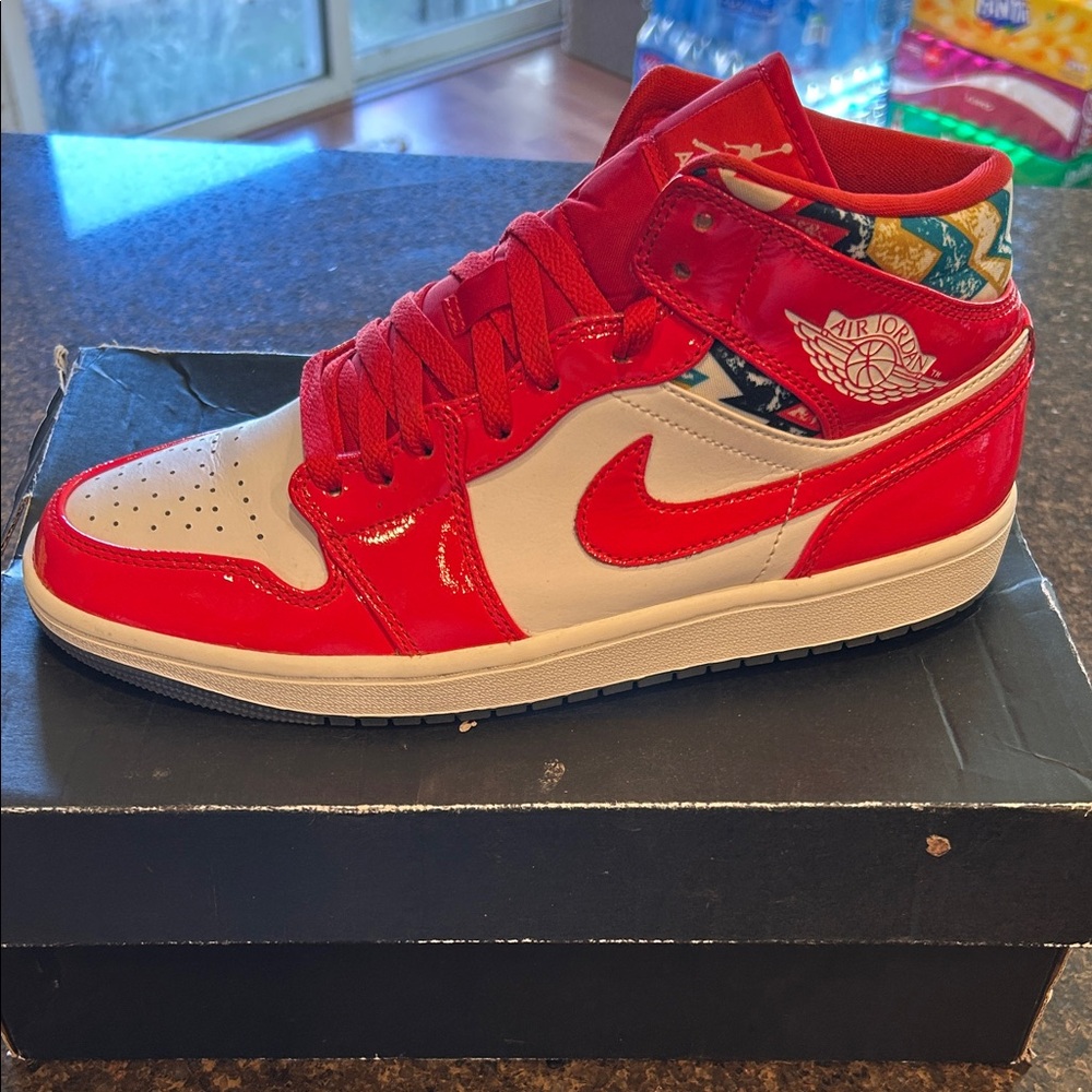 Jordan Men's High-Top Sneakers in Red and White with Multicolor Collar